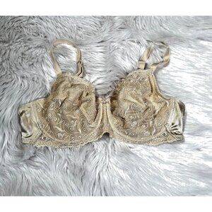 Breezies Bra Full Coverage Underwire Beige Lace Nude Floral Lined Satin 40D